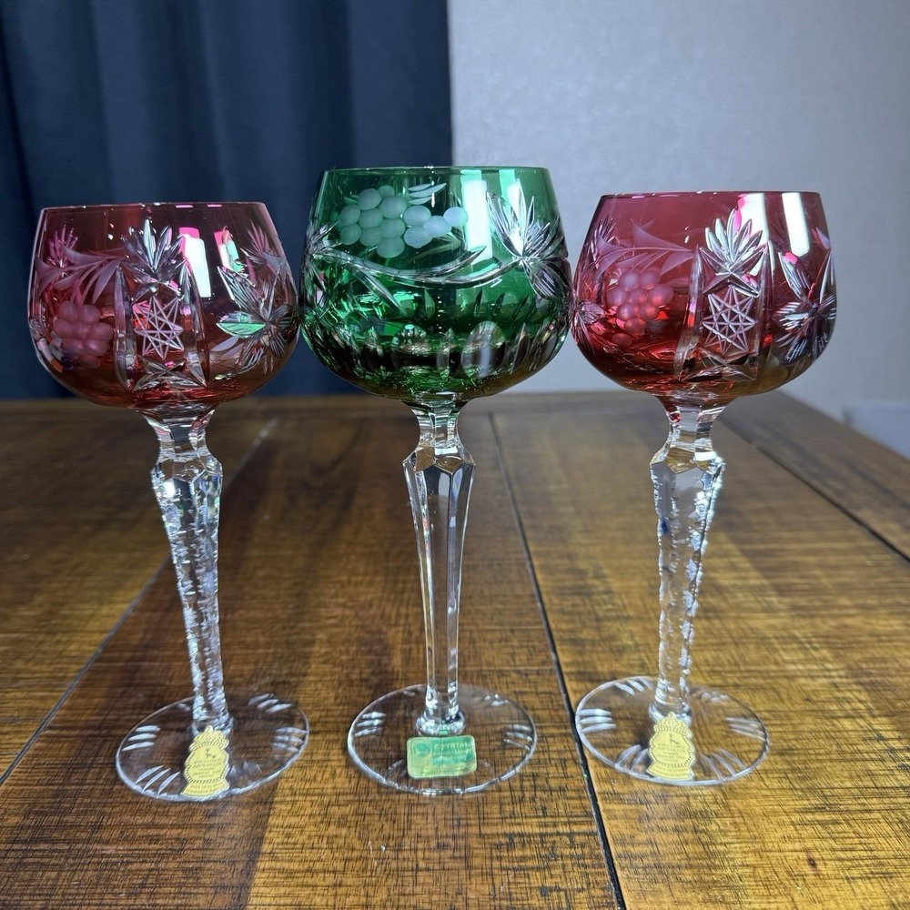 3 Exc. Bohemian Colored Crystal Cut to Clear Traube Wine Glasses Faceted Stem